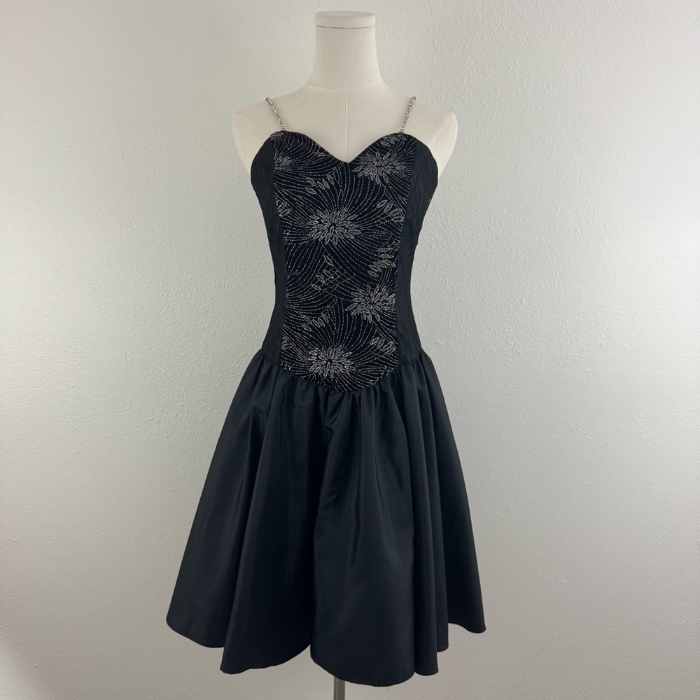 Vintage 90s Black Velvet Silver Floral Glitter Formal Homecoming Mini Dress